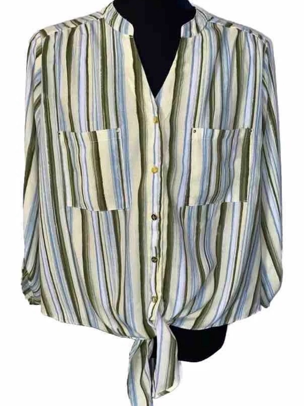 NWT Adrienne Vittadini Roll Tab Sleeve Button Front Tie Striped Blouse Sz M